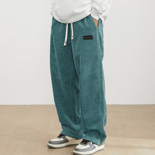 Pantalon Côtelé Droit pour Hommes à Taille Élastique et Cordon de Serrage