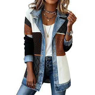 Veste Patchwork Femme à Revers Contrastés et Maille Côtelée