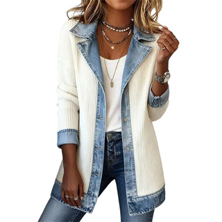 Veste Patchwork Femme à Revers Contrastés et Maille Côtelée