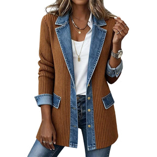 Veste Patchwork Femme à Revers Contrastés et Maille Côtelée