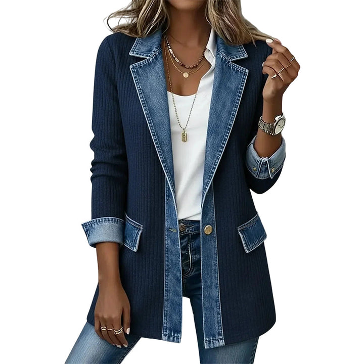 Veste Patchwork Femme à Revers Contrastés et Maille Côtelée