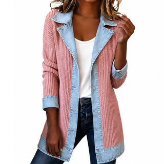 Veste Patchwork Femme à Revers Contrastés et Maille Côtelée
