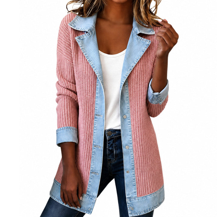Veste Patchwork Femme à Revers Contrastés et Maille Côtelée
